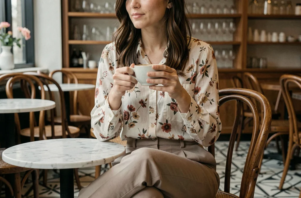 Jeune femme portant un chemisier à fleurs dans un café parisien, association imprimé fleuri et pantalon beige pour un look quotidien chic