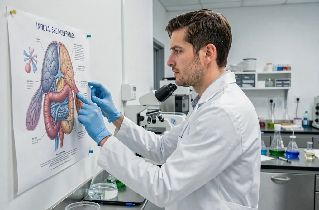 Chercheur en blouse blanche étudiant un schéma du système immunitaire dans un laboratoire, en lien avec la recherche sur le sommeil et la santé