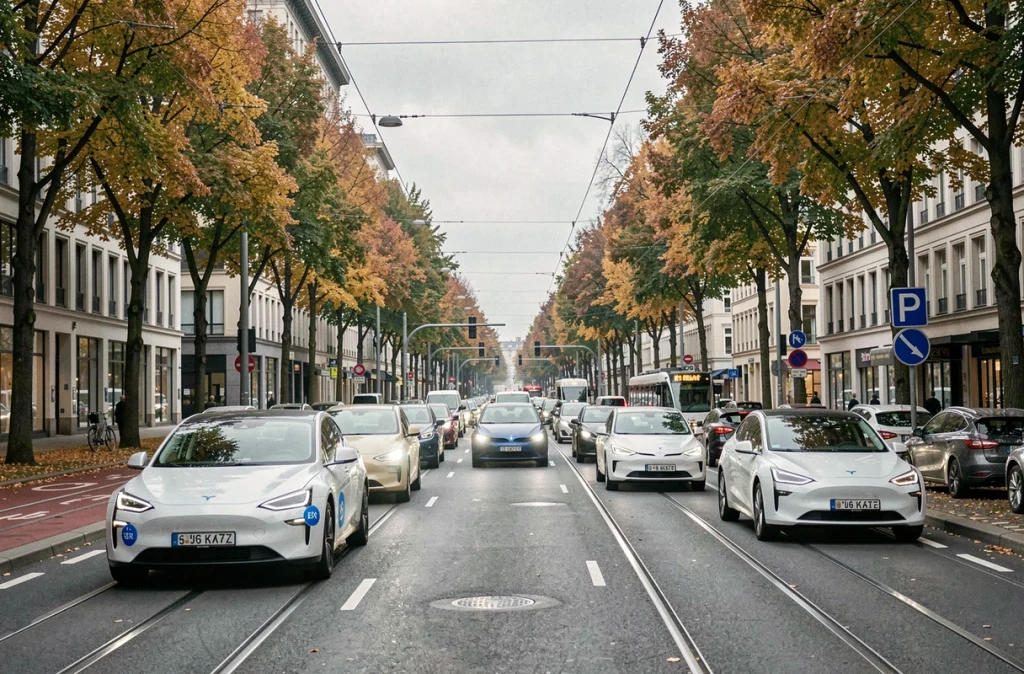 Intersection urbaine animée en heure de pointe avec une majorité de véhicules hybrides et électriques dans la circulation