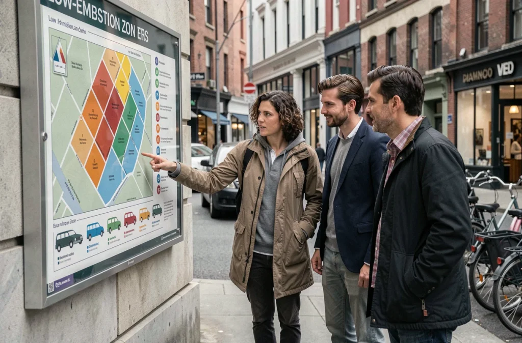 Groupe de citadins consultant un panneau d'information sur les zones à faibles émissions en ville, reflétant l'impact des normes antipollution sur les choix de déplacement quotidien