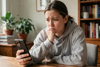 Femme frustrée regardant son smartphone avec un code Monopoly GO qui ne fonctionne pas