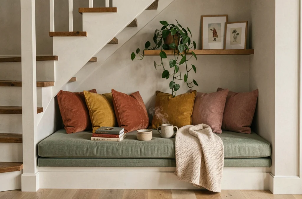 Coin lecture aménagé sous un escalier avec banquette en lin vert sauge, coussins colorés et livres empilés, ambiance cosy et chaleureuse
