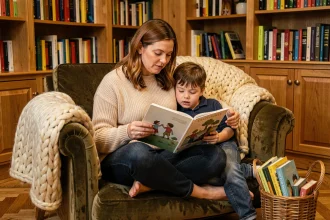 Femme lisant un livre illustré à voix haute à un enfant dans un fauteuil en velours, coin lecture chaleureux avec bibliothèque en bois