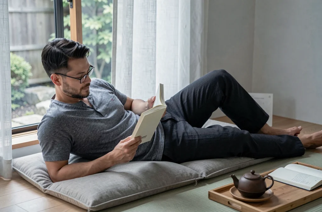 Homme barbu lisant un livre de poche allongé sur un coussin de sol dans un coin lecture minimaliste avec vue sur jardin