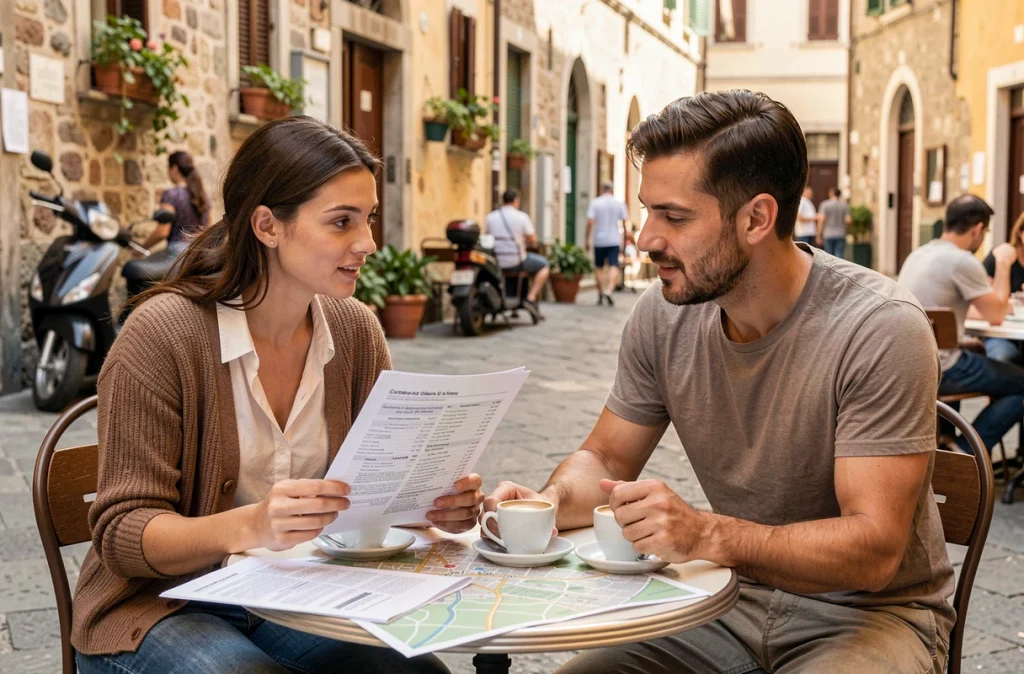 Deux colocataires expatriés étudiant des annonces immobilières italiennes en terrasse de café dans une piazza