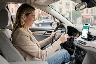 Conductrice consultant son application d'assurance auto connectée affichant son score de conduite sur smartphone dans une voiture moderne
