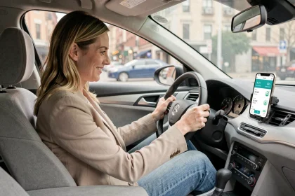 Conductrice consultant son application d'assurance auto connectée affichant son score de conduite sur smartphone dans une voiture moderne