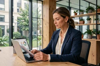 Une conseillère financière analyse des placements responsables et des fonds ESG sur son ordinateur portable dans un bureau moderne