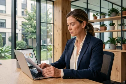 Une conseillère financière analyse des placements responsables et des fonds ESG sur son ordinateur portable dans un bureau moderne
