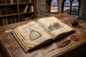 Vieux livre illustré du conte Cendrillon de Charles Perrault ouvert sur un bureau en chêne ancien avec une plume et un cachet de cire rouge