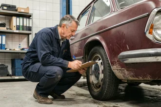 Mécanicien inspectant une voiture ancienne lors d'un contrôle technique en garage officiel