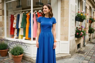 Femme en robe bleue cobalt et accessoires orange tendance devant une boutique de mode parisienne au printemps