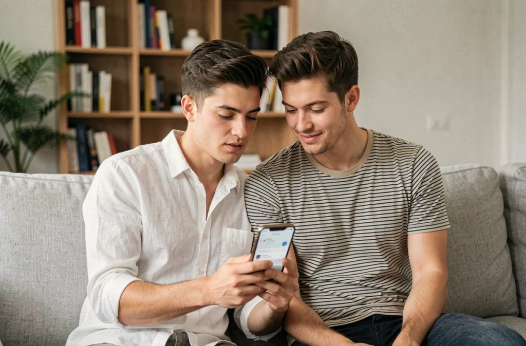 Couple consultant une application bancaire sur smartphone pour optimiser et réduire leurs frais bancaires quotidiens