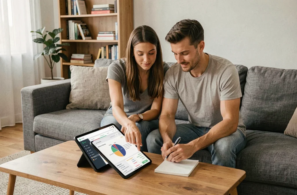 Couple consultant une application de budget familial sur tablette dans un salon moderne, planifiant ensemble leurs finances personnelles