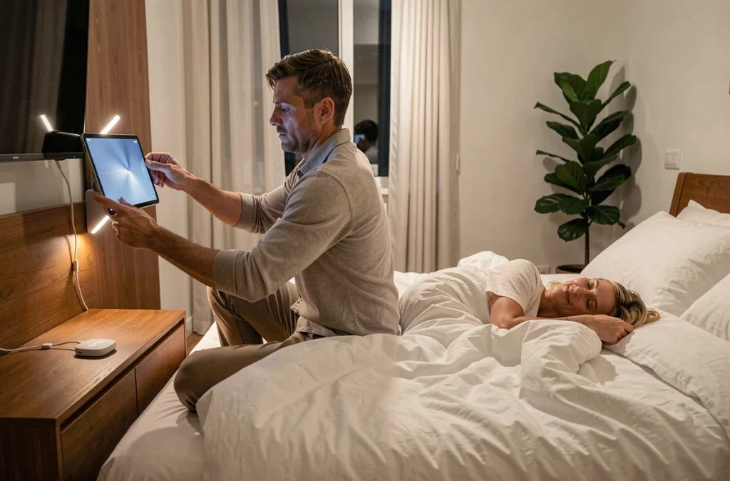 Couple utilisant des objets connectés pour gérer l'ambiance et le sommeil dans une chambre à coucher moderne