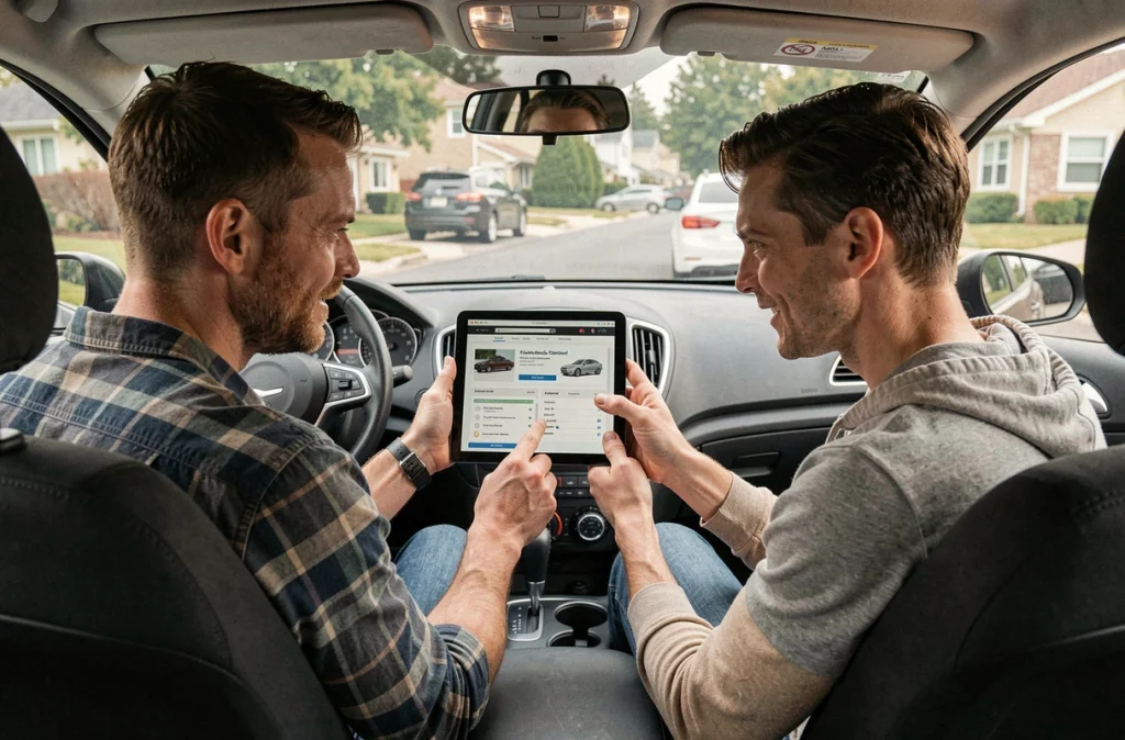 Couple consultant un comparatif de location longue durée sur tablette à l'intérieur d'une voiture