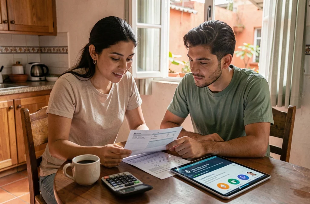 Un couple latino-américain consultant une transaction en cryptomonnaie pour un transfert international depuis leur domicile