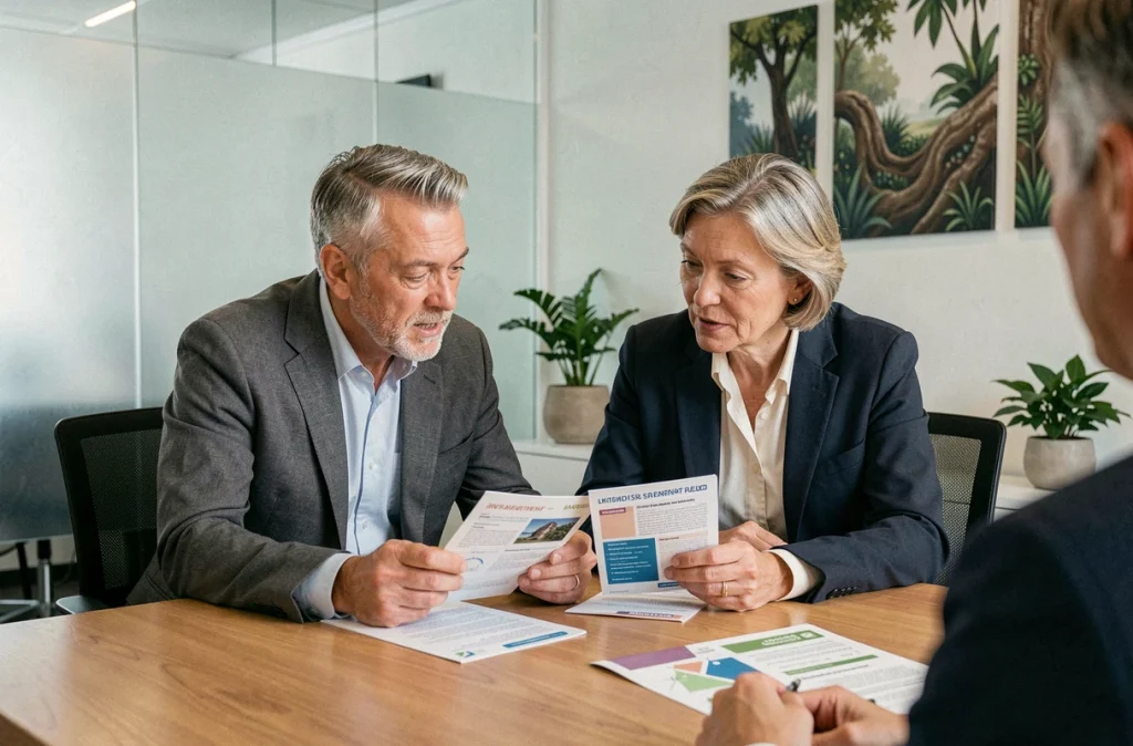 Un couple d'épargnants discute de placements éthiques et durables avec un conseiller bancaire lors d'un rendez-vous