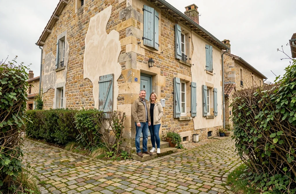 Couple devant leur maison ancienne en cours de restauration dans un village rural français avec façade en pierre partiellement rénovée