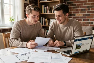 Jeune couple de primo-accédants consultant des documents de crédit immobilier à la maison
