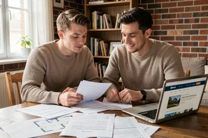 Jeune couple de primo-accédants consultant des documents de crédit immobilier à la maison
