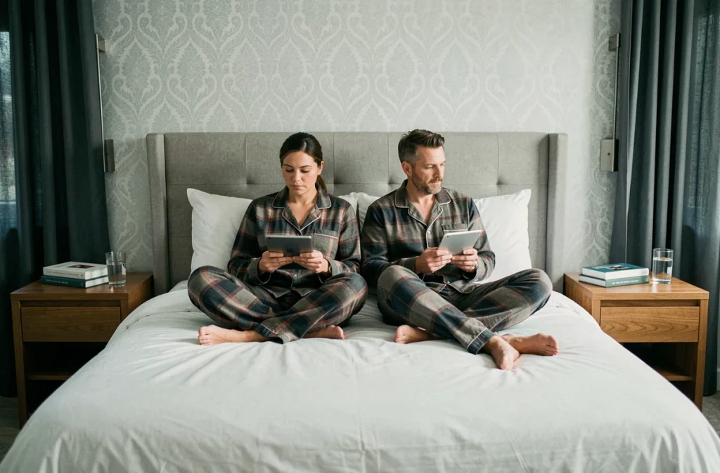 Couple dans leur chambre à coucher utilisant des tablettes numériques au lit le soir, illustrant l'impact des écrans sur la qualité du sommeil des adultes