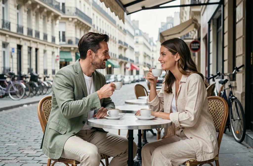 Couple habillé en lin élégant attablé en terrasse de café parisien en été