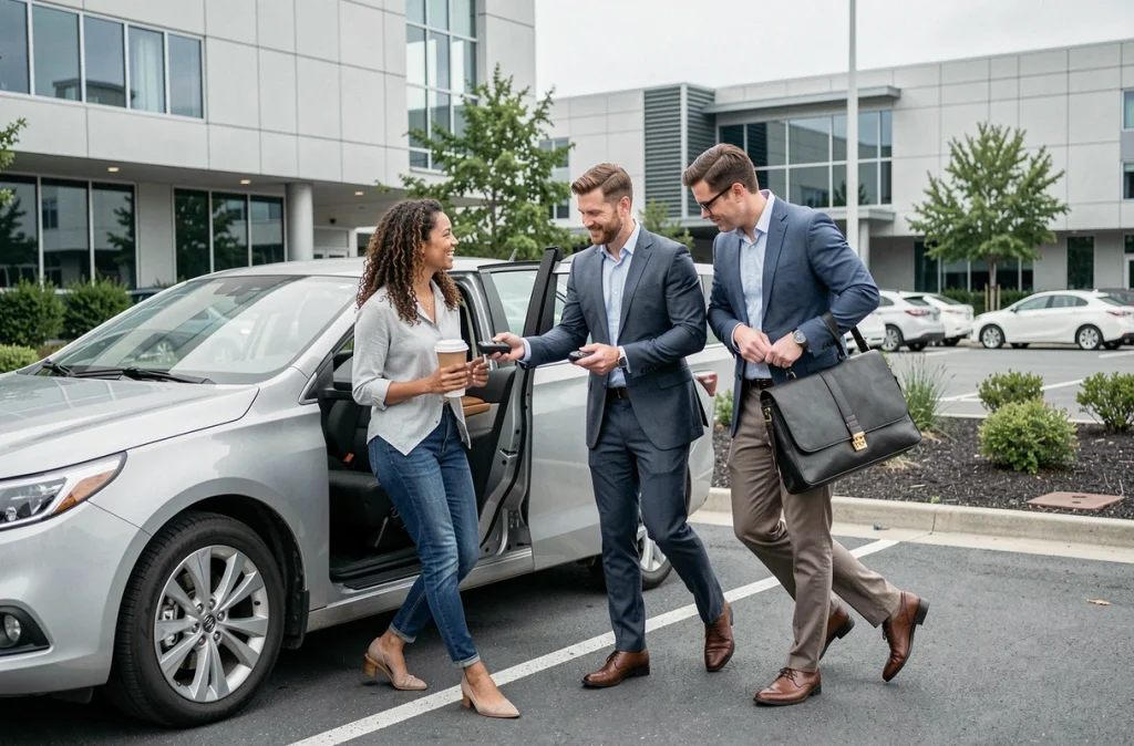 Trois collègues pratiquant le covoiturage quotidien arrivent ensemble sur le parking d'une entreprise après un trajet partagé