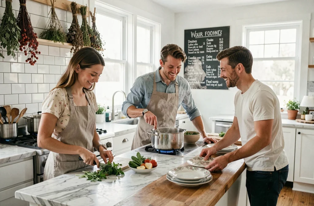 Trois frères et sœurs adultes cuisinant ensemble un repas fait maison dans une cuisine moderne
