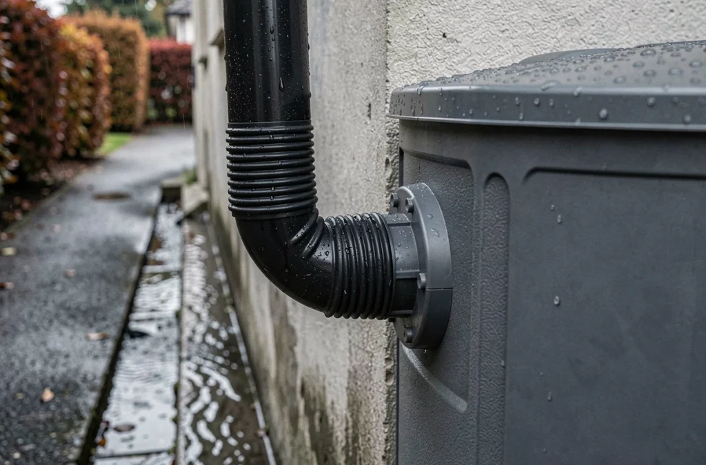Détail du raccordement entre une gouttière et un récupérateur d'eau de pluie avec filtre anti-débordement