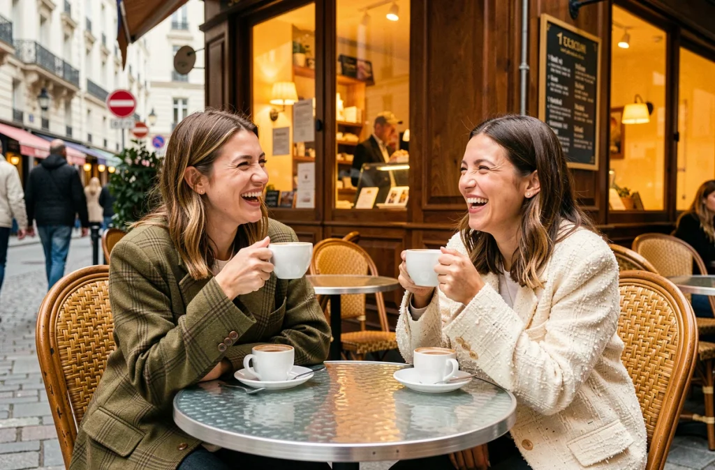 Deux femmes portant des vestes oversize tendance à une terrasse de café à Lyon