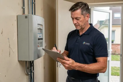 Diagnostiqueur immobilier inspectant un tableau électrique dans un appartement français lors d'un diagnostic obligatoire