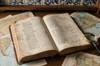 Dictionnaire portugais ancien ouvert sur un bureau en bois avec annotations manuscrites évoquant l'étymologie du mot karaï