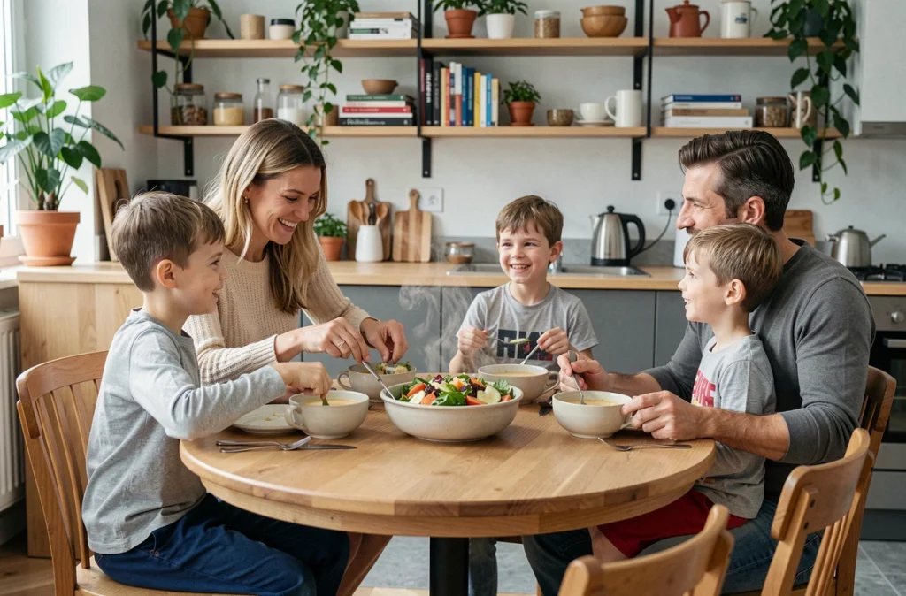 Parents et enfants partageant un repas du soir décontracté dans un appartement parisien moderne