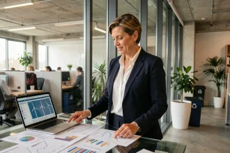Directrice d'entreprise analysant des données de transition énergétique dans un bureau moderne