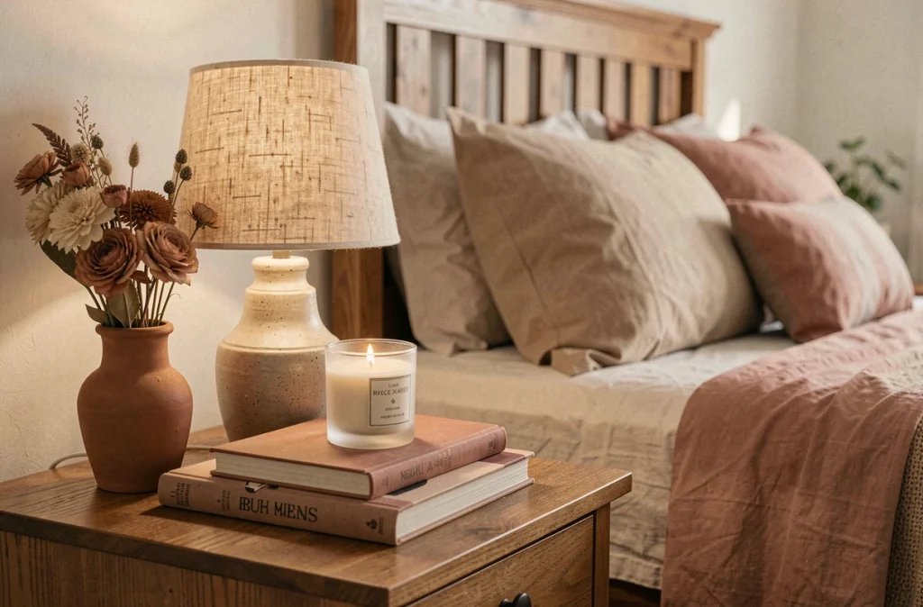 Table de chevet cosy avec lampe en céramique, bougie et décoration intérieure chaleureuse en tons naturels