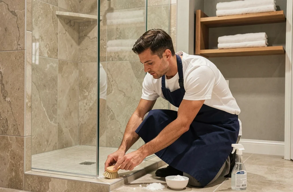 Homme récurant les joints d'une douche avec une brosse et du bicarbonate pour éliminer les moisissures