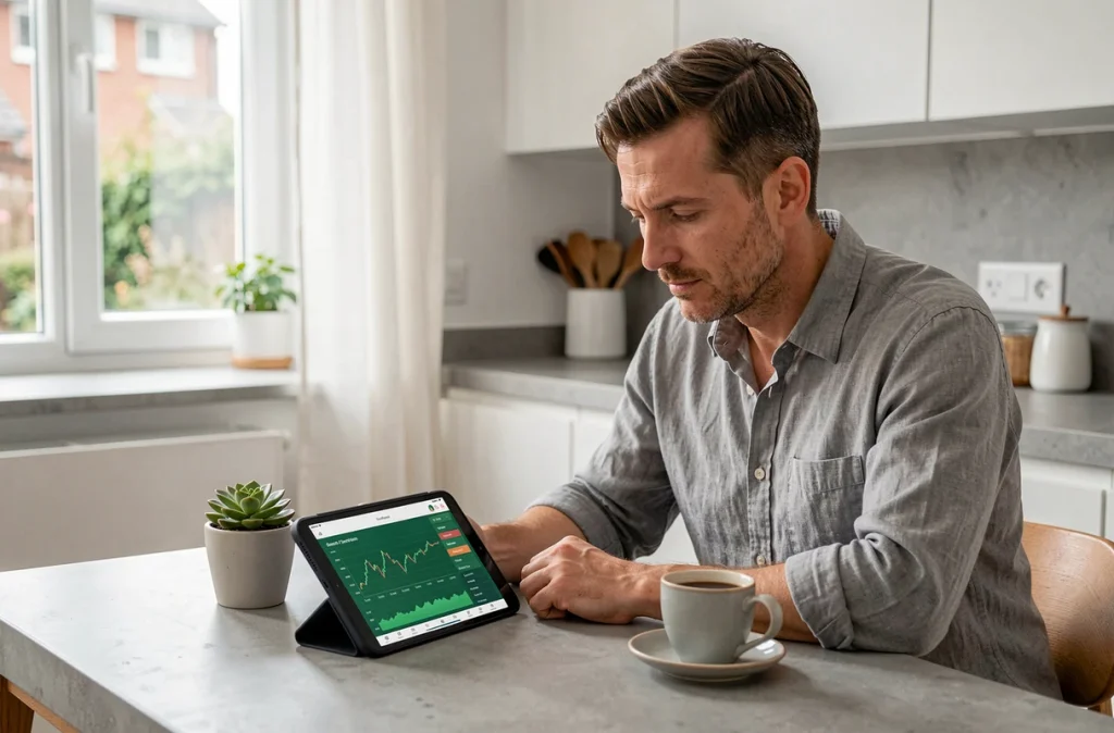 Un épargnant consulte son portefeuille d'investissement responsable sur une tablette dans sa cuisine