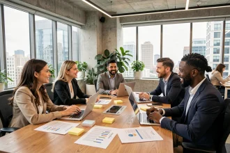 Équipe multiculturelle et diversifiée collaborant autour d'une table de réunion en entreprise