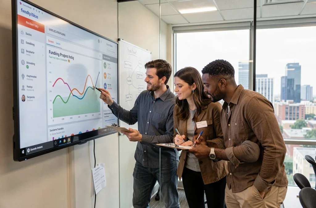Une équipe de trois entrepreneurs discutent des statistiques de financement participatif devant un écran interactif dans une salle de réunion