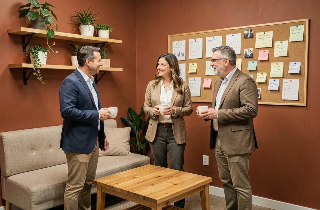 Équipe de collaborateurs d'une PME échangeant dans un espace bien-être convivial aménagé au bureau
