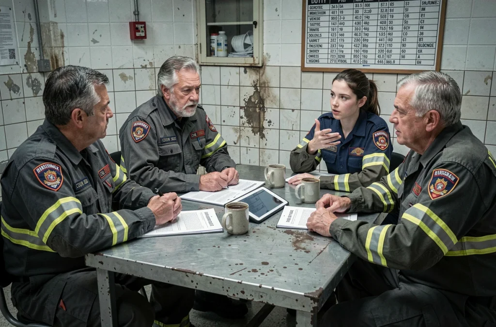 Équipe de pompiers de différents grades en réunion de travail autour d'une table dans une caserne