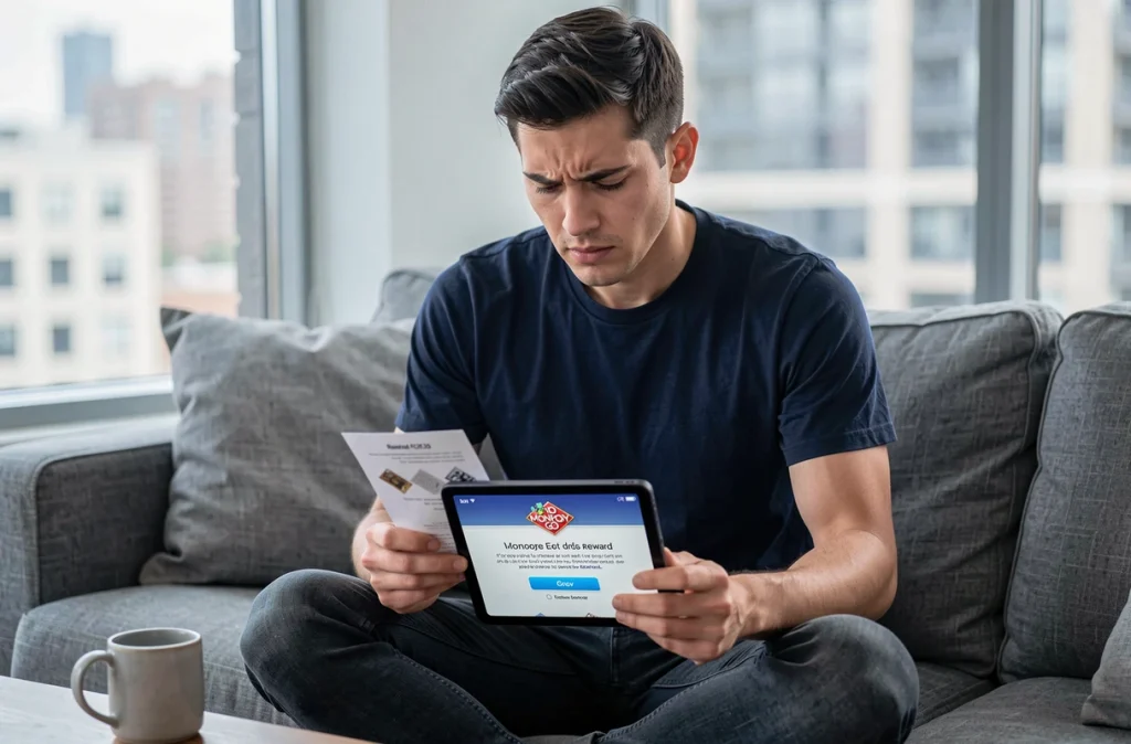 Homme tenant un code promo Monopoly GO sur tablette avec message d'erreur affiché