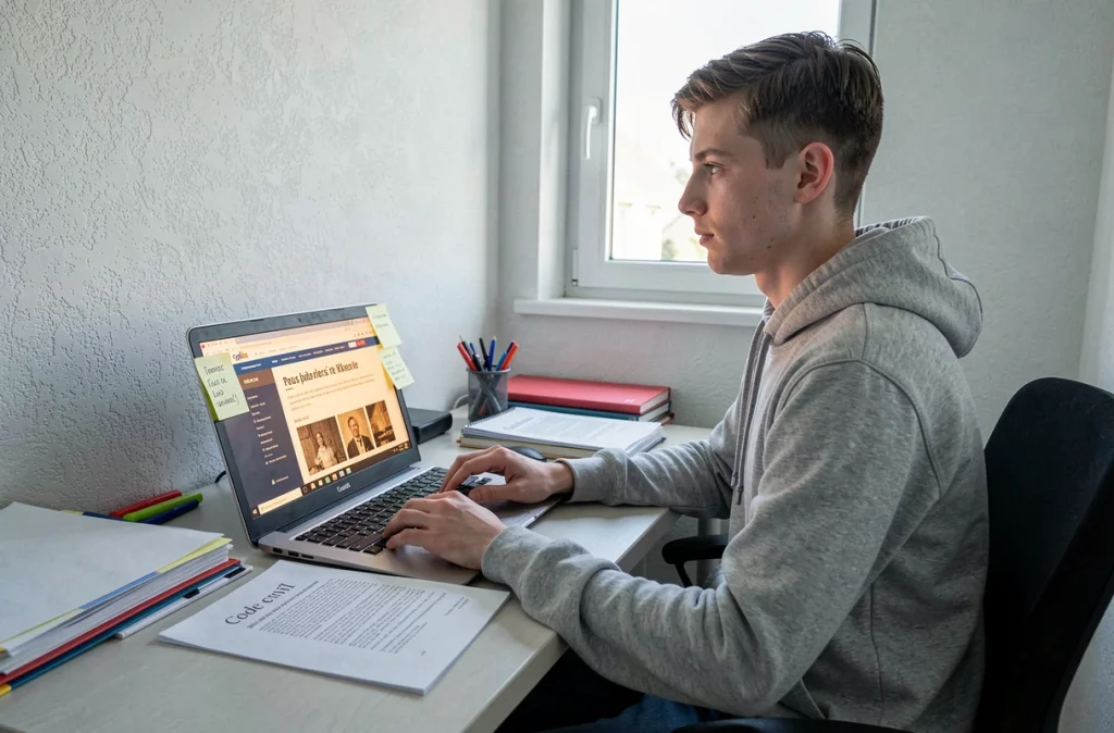Étudiant en droit révisant la notion de caducité du contrat sur ordinateur dans son appartement