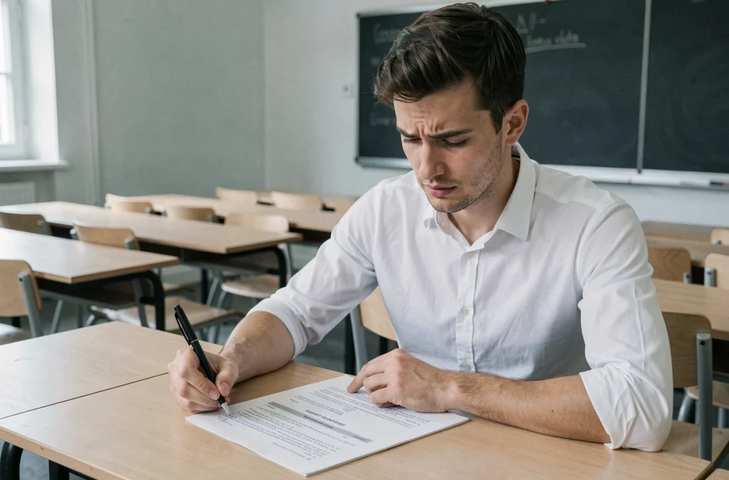 Étudiant adulte hésitant sur une réponse grammaticale lors d'un examen en salle de classe