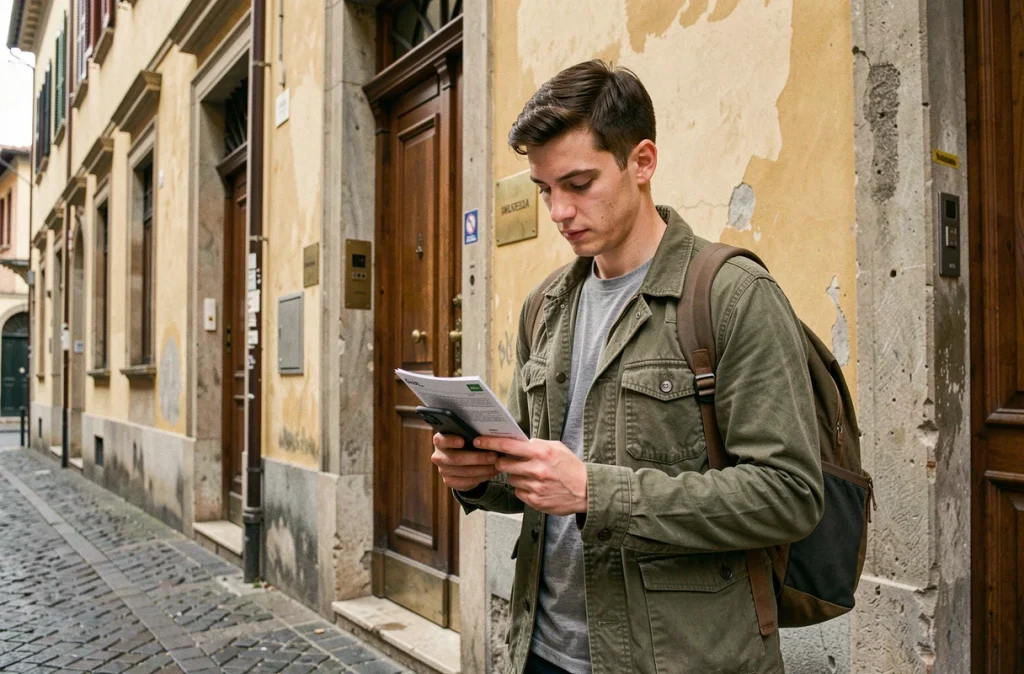 Étudiant étranger consultant une annonce de location devant un immeuble résidentiel à Bologne en Italie