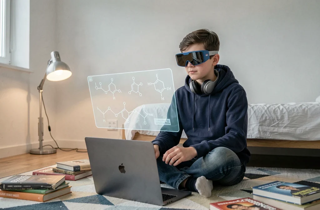 Adolescent portant des lunettes de réalité augmentée pour étudier des structures moléculaires à distance
