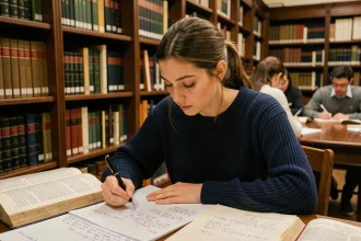Étudiante en droit étudiant la caducité dans le code civil à la bibliothèque universitaire