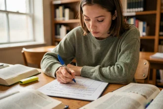 Étudiante concentrée rédigeant une copie d'examen à son bureau dans une bibliothèque universitaire