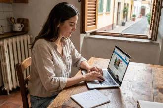 Jeune femme expatriée cherchant un appartement en Italie sur un site de petites annonces depuis son studio